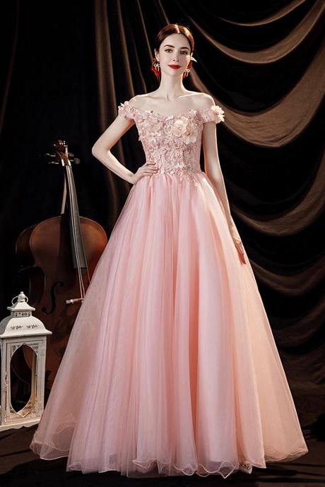 Pink Tulle Applique Long A Line Prom Dress Evening Dress