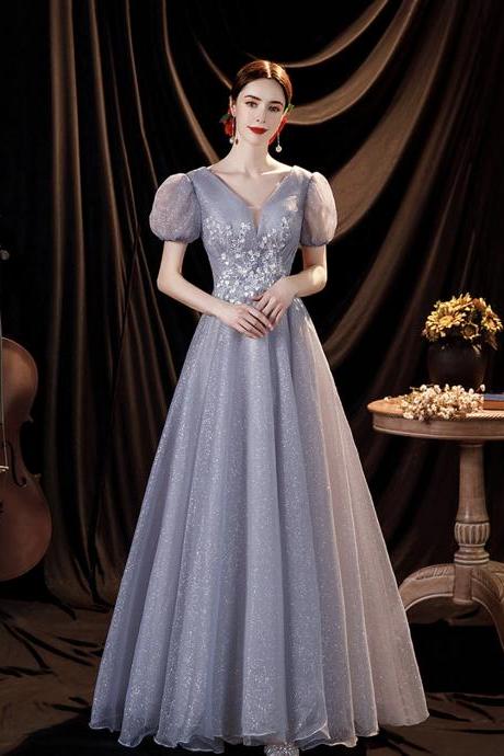 Gray Tulle Sequins Long A Line Prom Dress Evening Dress