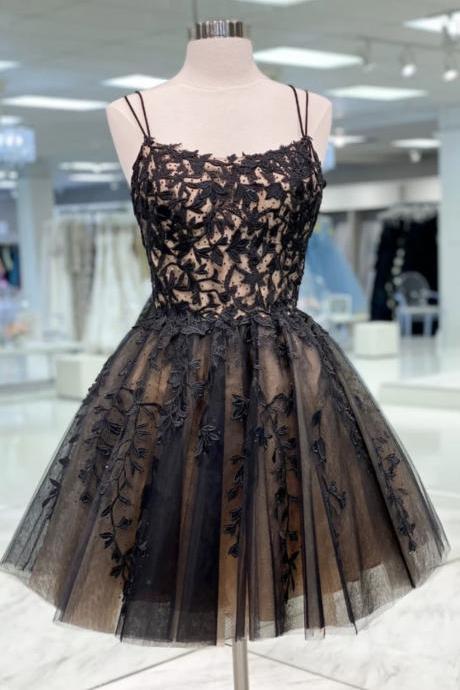 Black Lace Short A Line Prom Dress Black Evening Dress