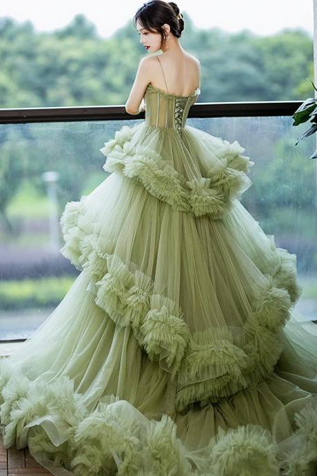 Green Tulle Long A Line Prom Dress Green Evening Dress
