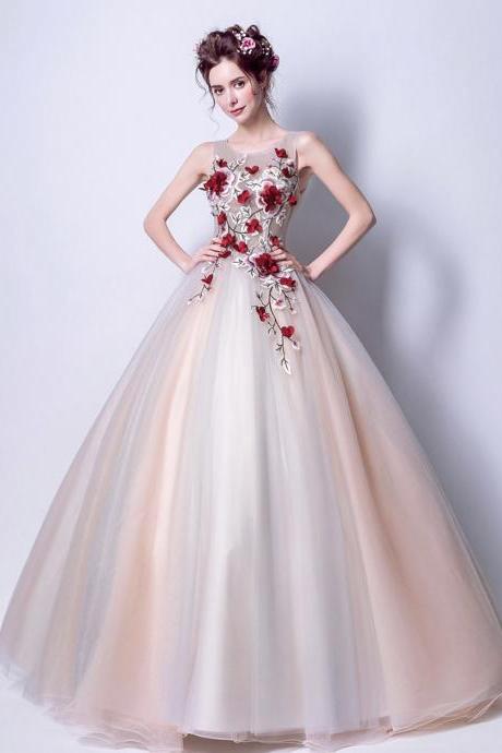 Elegant Tulle Applique Long A Line Prom Dress Evening Dresss