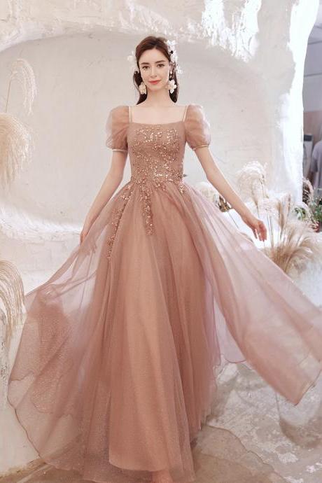 Pink Tulle Sequins Long A Line Prom Dress Evening Dress