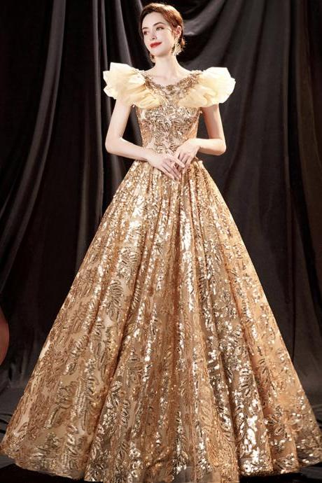 Gold sequins long ball gown dress shiny evening dress