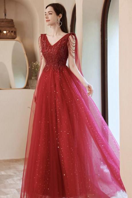 Red Tulle Beads Long A Line Prom Dress Evening Dress