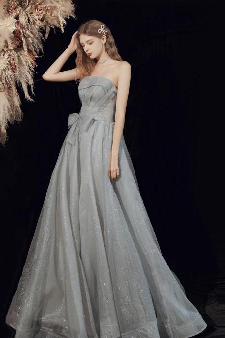 Gray Tulle Long A Line Prom Dress Gray Evening Dress