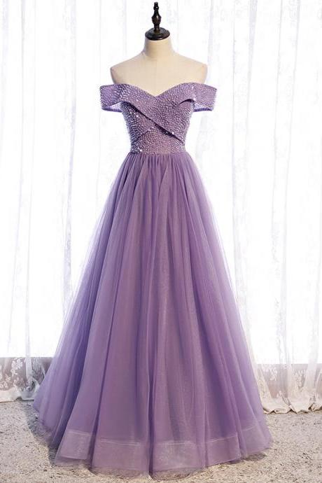 Purple Tulle Beads Long A Line Prom Dress Evening Dress