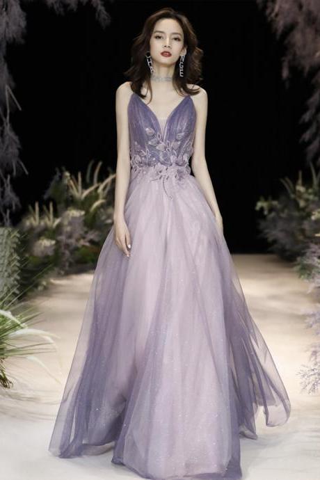 Purple Tulle Long A Line Prom Dress Purple Evening Dress