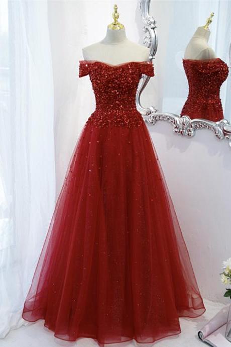 Red Tulle Sequins Long A Line Prom Dress Evening Dress