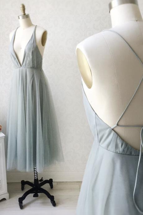 Gray V Neck Tulle Short Prom Dress Homecoming Dress
