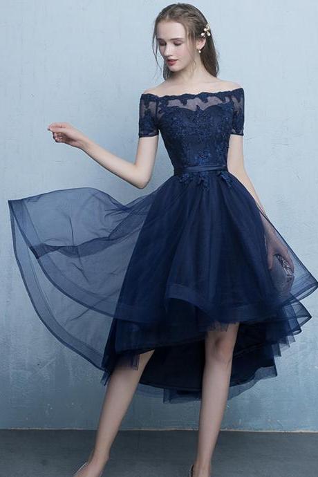 Blue Lace High Low Prom Dress Homecoming Dress