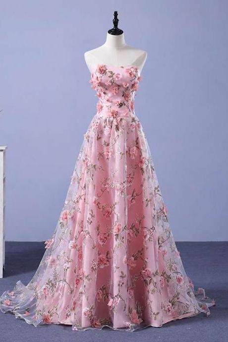 Pink Tulle Applique Long Prom Dress Evening Dress