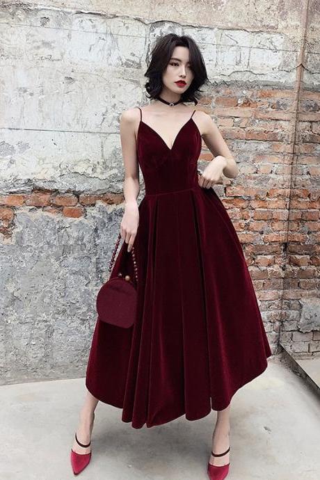 Burgundy Velvet Short A Line Prom Dress Evening Dress