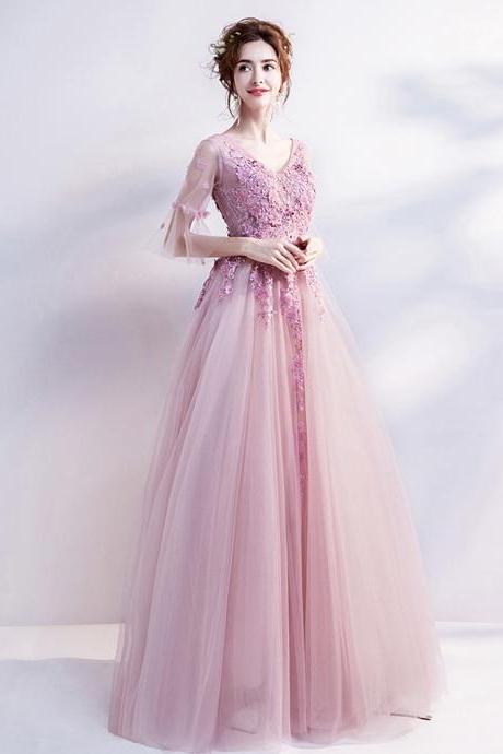 Pink Lace Long A Line Prom Dress Pink Evening Dress