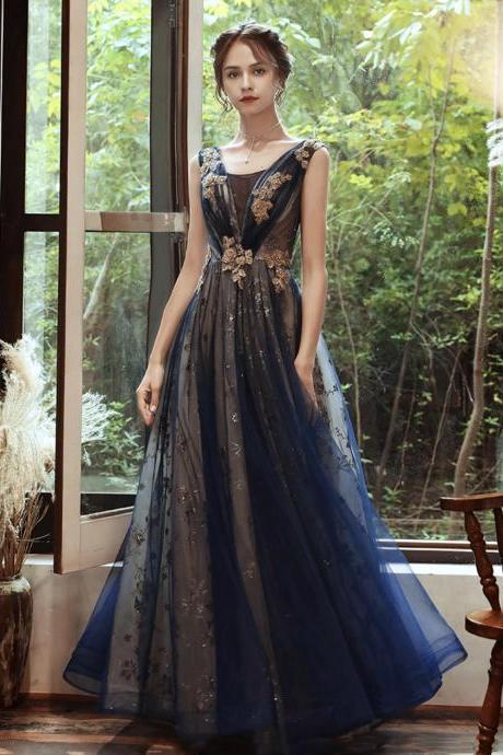 Stylish V Neck Tulle Lace Long Prom Dress Evening Dress