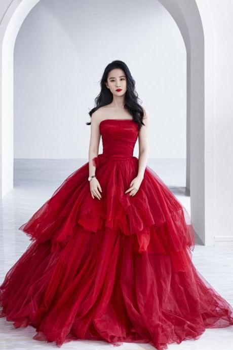 Red Tulle Long A Line Ball Gown Dress Red Evening Dress