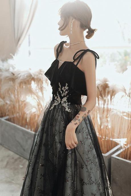 Black Tulle Sequins Long Prom Dress Black Evening Dress
