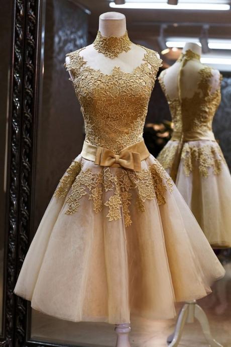 Gold Lace Short A Line Prom Dress Homecoming Dress