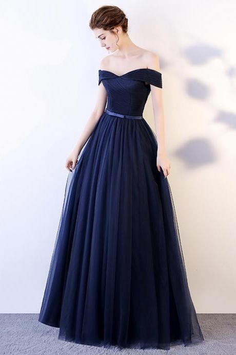 Blue Tulle Long A Line Prom Dress Simple Evening Dress