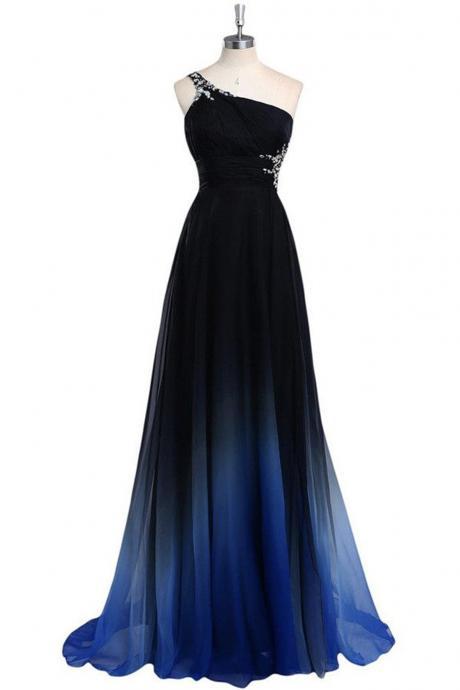 Blue Chiffon Long A Line Prom Dress One Shoulder Evening Dress