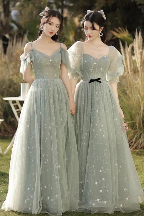 Green Tulle Long A Line Prom Dress Cute Bridesmaid Dress
