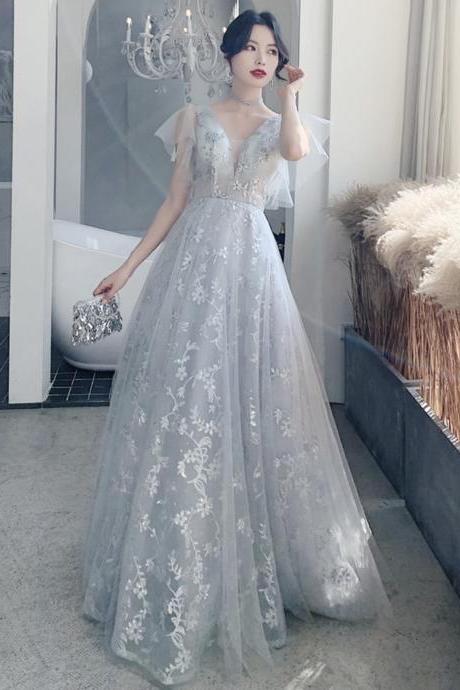 Gray Lace Sequins Long A Line Prom Dress Bridesmaid Dress