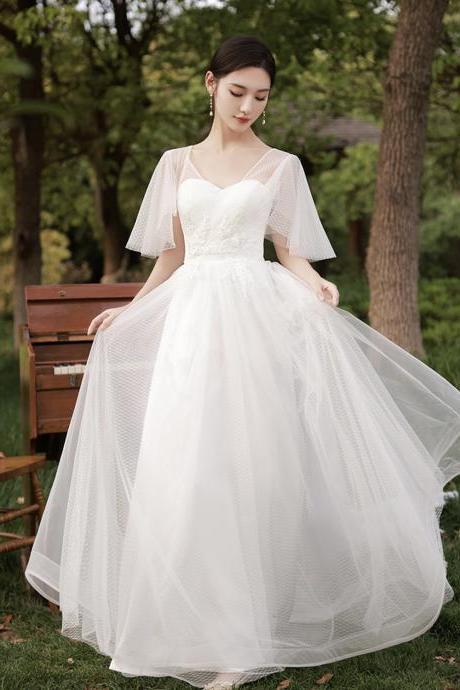 White Tulle Long A Line Prom Dress Bridesmaid Dress