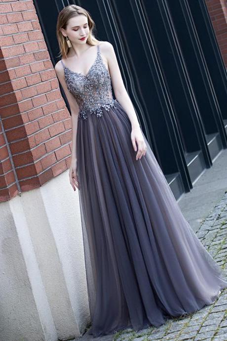 Cute V Neck Tulle Long A Line Prom Dress Evening Dress