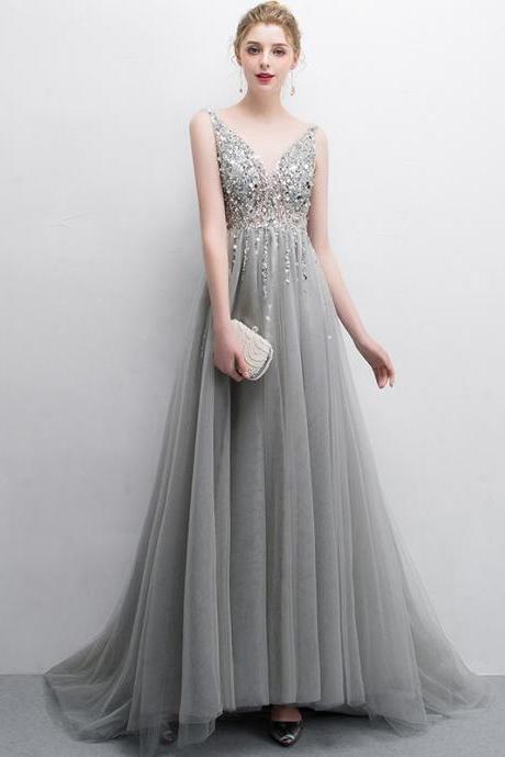 Gray Tulle Beads Long A Line Prom Dress Evening Dress