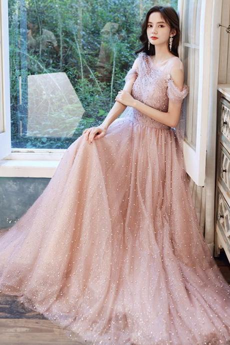 Pink Tulle Pearls Long A Line Prom Dress Evening Dress