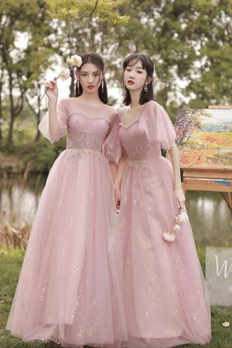 Pink Tulle Long A Line Prom Dress Cute Bridesmaid Dress