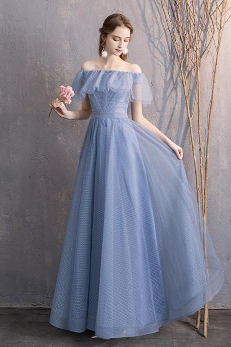 Blue Tulle Long A Line Prom Dress Cute Evening Dress