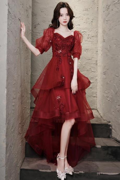 Burgundy Tulle Lace Long Prom Dress High Low Evening Dress