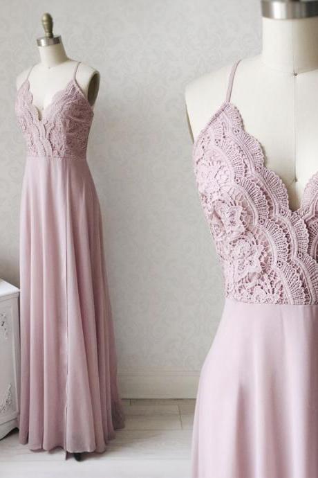 Pink Chiffon Lace Long A Line Prom Dress Evening Dress