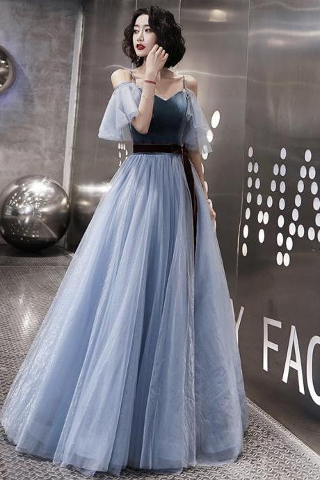 Blue Velvet Tulle Long Prom Dress Evening Dress
