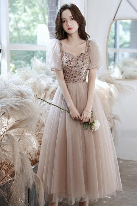 Champagne Tulle Beads Short Prom Dress Homecoming Dress