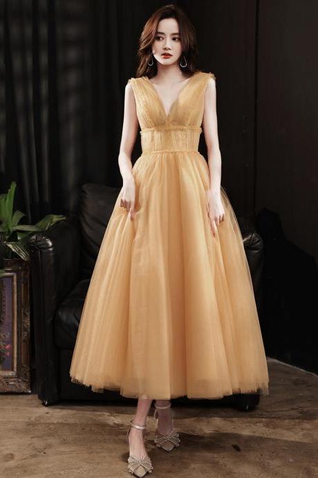 Yellow V Neck Tulle Short Prom Dress Homecoming Dress
