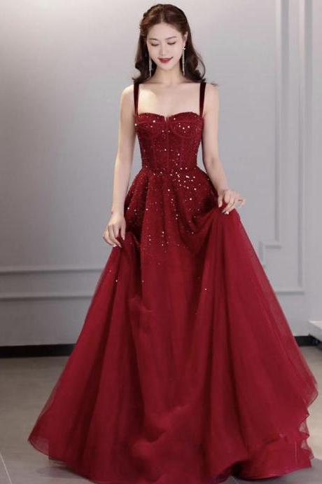 Burgundy Sequins Long Prom Dress Evening Dress