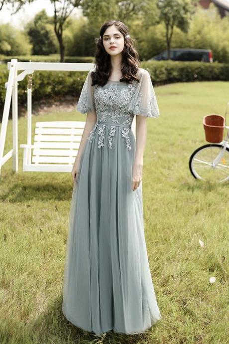 Green Tulle Lace Long A Line Prom Dress Cute Evening Dress