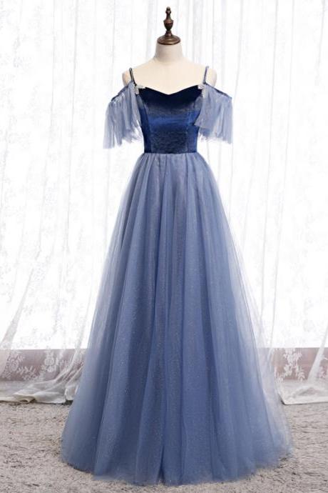 Blue Velvet Tulle Long Prom Dress A Line Evening Dress