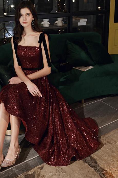 Burgundy Sequins High Low Prom Dress Evening Dress