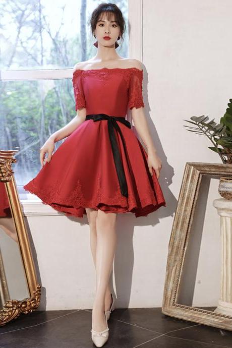 Red Satin Lace Short Prom Dress Red Homecoming Dress