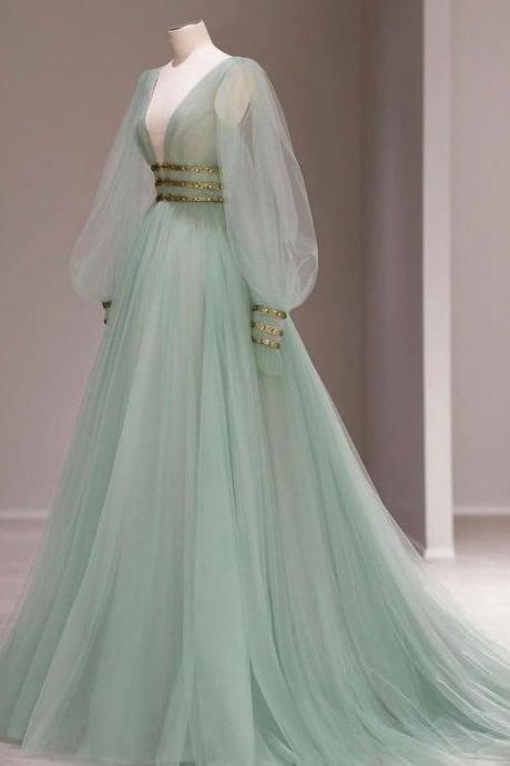 Green V Neck Tulle Long Prom Gown Evening Gown