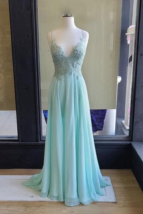 Green V Neck Lace Chiffon Long Prom Dress, Lace Evening Dress