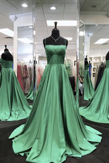 Green Satin Long A Line Prom Gown Evening Gown