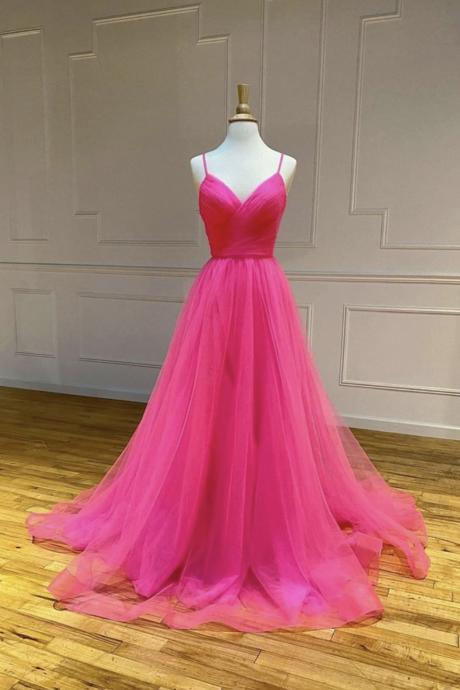 Simple V Neck Tulle Long Prom Dress Evening Dress