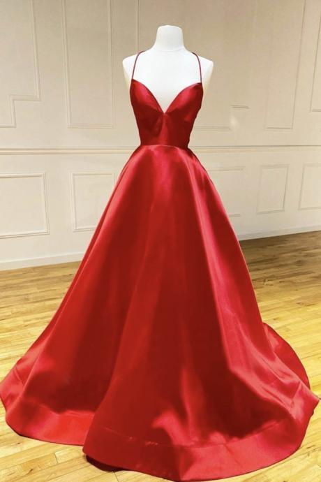Red Satin Long A Line Prom Dress Red Evening Dress