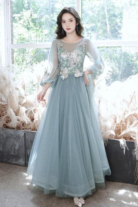 Blue Tulle Lace Long Prom Dress Lace Evening Gown
