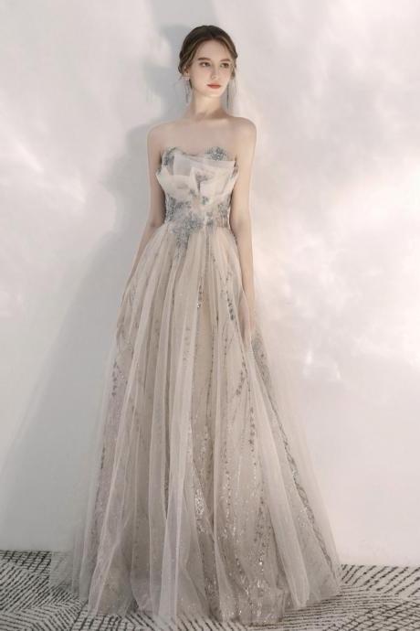 Champagne Tulle Sequins Long Prom Dress A Line Evening Gown