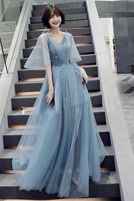 Blue V Neck Tulle Long Prom Dress A Line Evening Dress