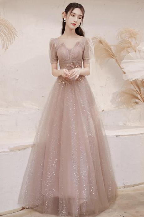 Pink Tulle Long A Line Prom Ddress Pink Evening Dress